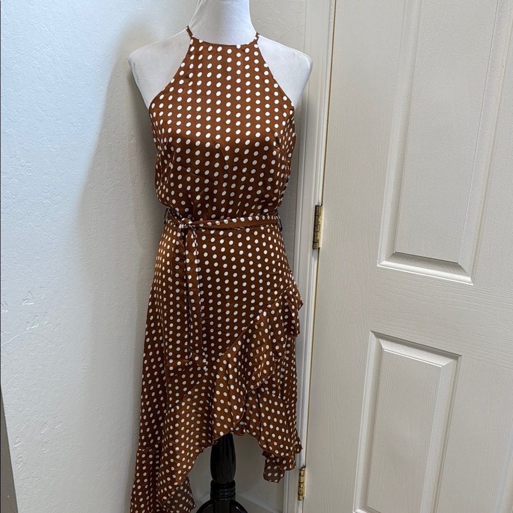 Vici Brown and White Polka Dot Asymmetrical Halter Dress